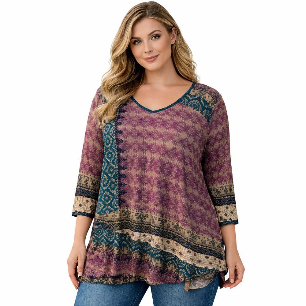 Parsley And Sage Tunic Blouse Womens XL Multi Geometric V Neck 3/4 Sleeve Top